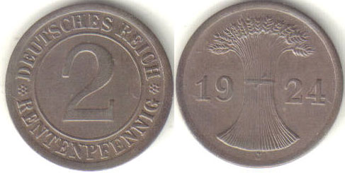 1924 J Germany 2 Rentenpfennig A000688